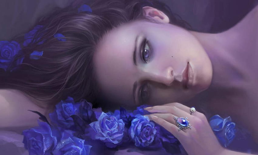 Bed of Roses, blue, elegant, roses, petals, woman, saphire HD wallpaper
