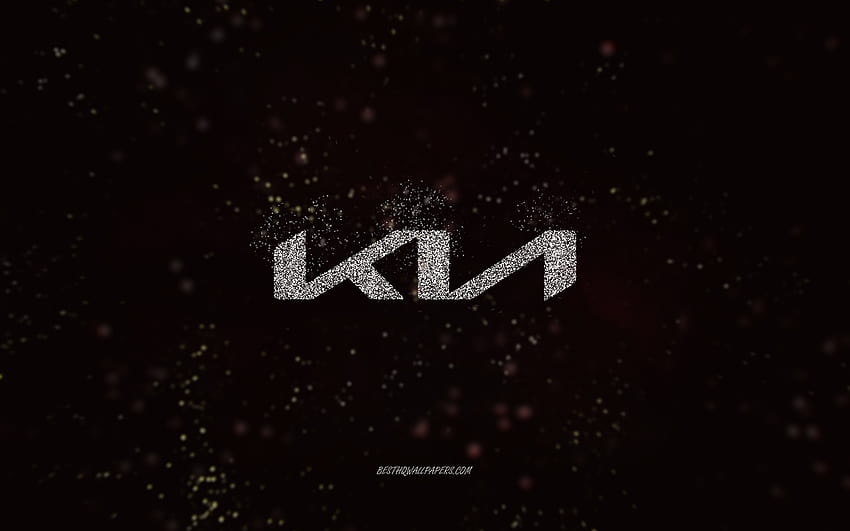 Kia glitter logo, fundo preto, Kia logo, branco glitter art, Kia, arte criativa, Kia white glitter logo papel de parede HD