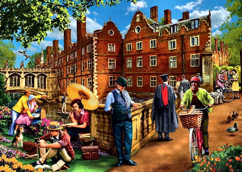 Nachmittag in Cambridge, Kunst, schön, Menschen, England, Kunst, Landschaft, Breitwand, Malerei, Gebäude, Cambridge HD-Hintergrundbild