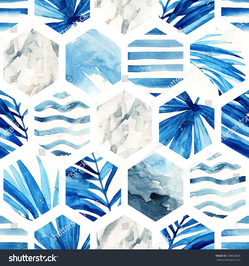 Abstract geometric seamless pattern on light background. Watercolor hexagon with palm leaves, waves, st. Blue marble , Paper background texture, Abstract HD phone wallpaper