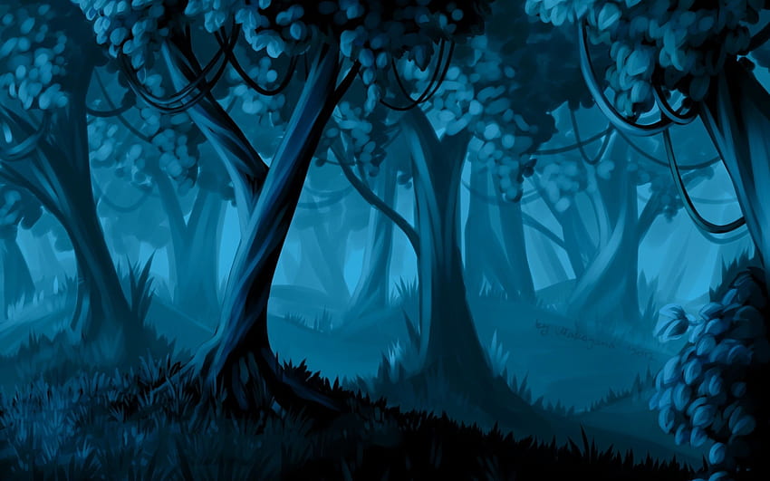 밤의 푸른 숲 - 이야기의 나무. , , 스케치, 디자인, 삽화. 월프. 환상의 숲, 숲 , 푸른 숲 HD 월페이퍼
