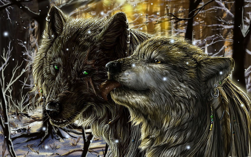Wolfs, Fantasy, Snow, Love, Couple, Pair, Tenderness, Language, Tongue HD wallpaper