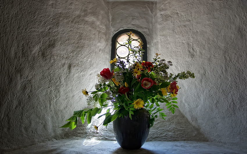 flores, tulipanes, paredes, ramo, ventana, florero fondo de pantalla