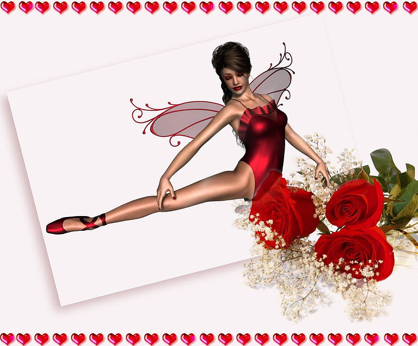 Fairy, abstract, roses, fantasy, red, hearts HD wallpaper