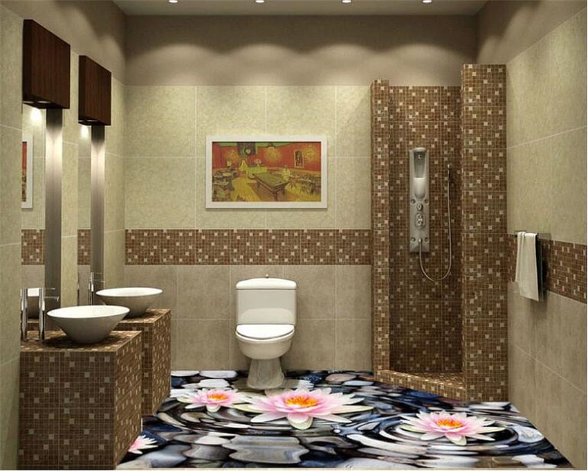US $16.74 ลด 46% Beibehang Premium Aesthetic Water Lotus Pebble Bathroom ห้องครัว ห้องน้ำ 3D Flooring Papel De Parede 3D In, Aesthetic Brown วอลล์เปเปอร์ HD