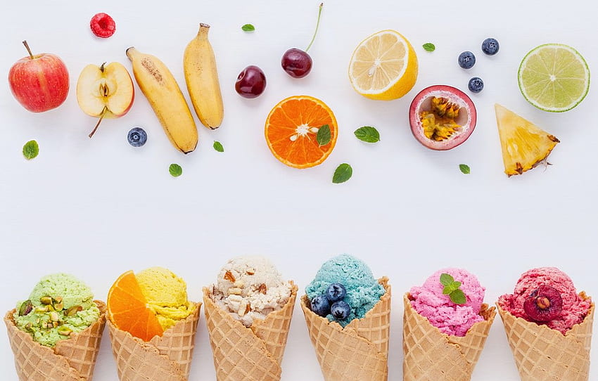 baies, coloré, crème glacée, fruits, corne, fruits, cornet de crème glacée Fond d'écran HD