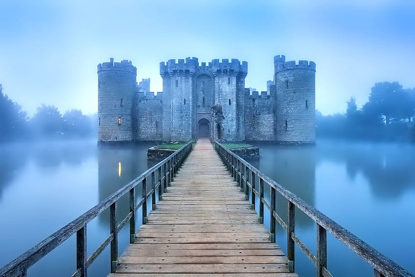 城、霧、橋、湖 高画質の壁紙