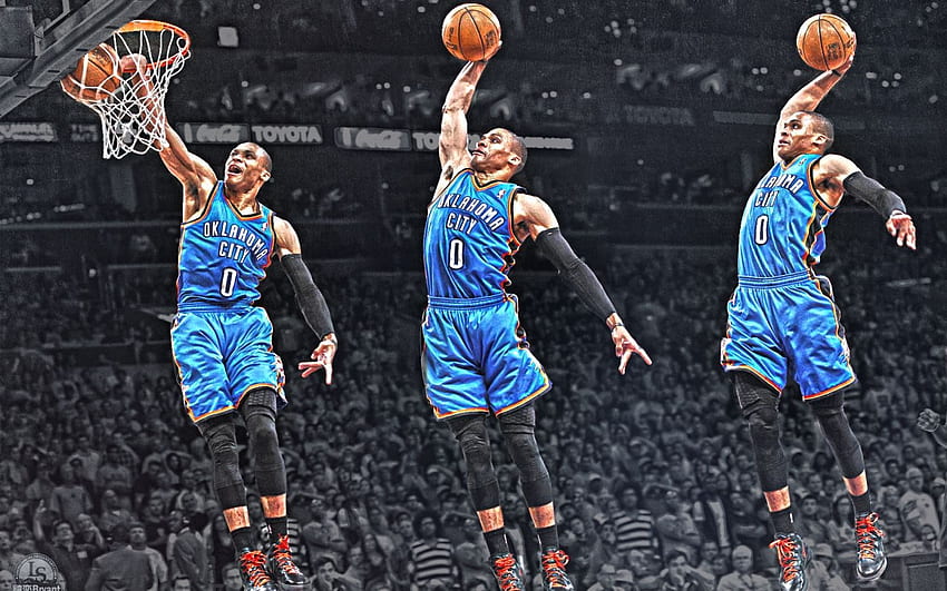 Dunk Russell Westbrook-Hintergrund. Westbrook, Russell Westbrook, Donnerbasketball aus Oklahoma City HD-Hintergrundbild