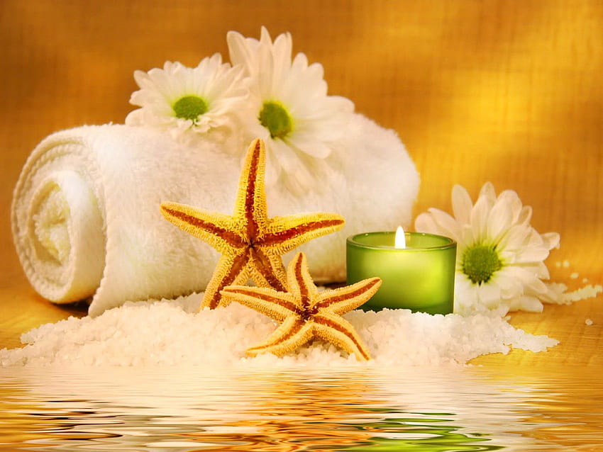 Spa still life, sea stars, daisies, nice, wet, reflection, candles, water, golden, towel, beautiful, orange, still life, pretty, treatment, spa, flowers, lovely HD wallpaper