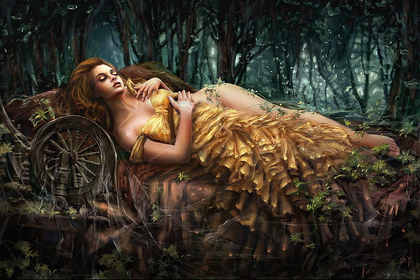 Sleeping Beauty, fairytale, abstract, art work, fasntasy, forest, woman, beauty HD wallpaper