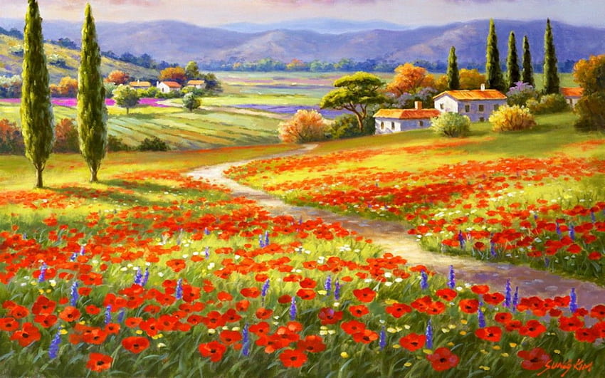 楽しいケシ畑イタリア。 楽しいケシ畑、イタリアの春 高画質の壁紙