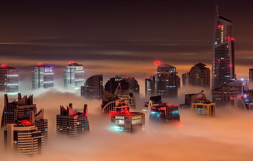 niebo, chmury, noc, miasto, światła, mgła, ciemność, światła, budynek, dom, drapacze chmur, czerwony, Dubaj, architektura, noc, megapolis dla , sekcja город Tapeta HD