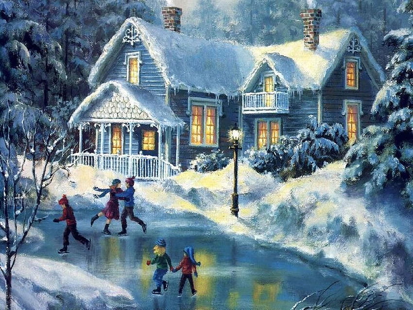 Scène d'hiver vintage, scènes de village d'hiver Fond d'écran HD
