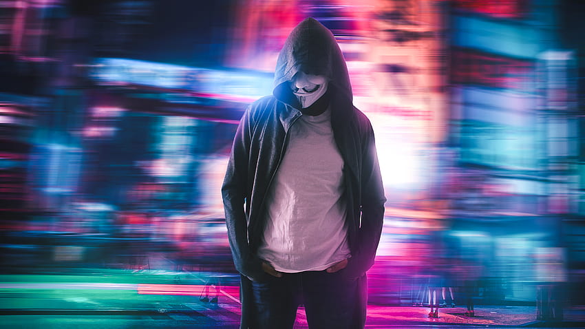 Neonowe miasto, haker, anonimowy, bluza z kapturem, zamaskowany mężczyzna - rozdzielczość:, neonowy haker Tapeta HD