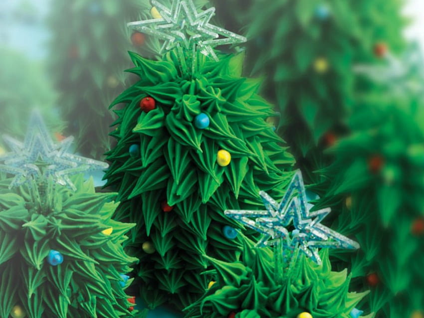 Sweet Christmas Trees, blue, sweet, treat, food, tree, star, green, yellow, christmas, red HD wallpaper