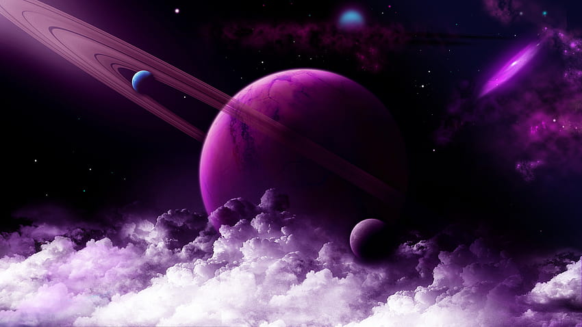 Планетен пръстен, лилави облаци, фантазия, космос, изкуство HD тапет