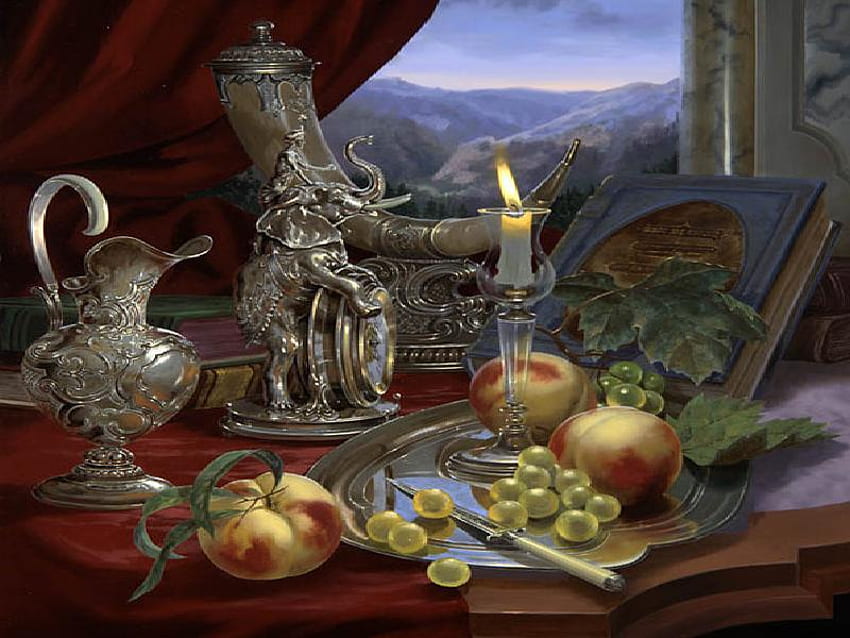 Elephant Clock, table, grapes, flame, curtain, grape leaves, books, pitcher, candle, elephant, peaches, horn, glass, silver, clock, mountains, candle holder HD wallpaper