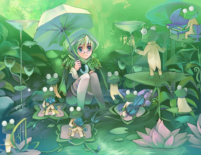 froggy lake, umbrella, animaie, frogs, green, lilly pads, girl HD wallpaper