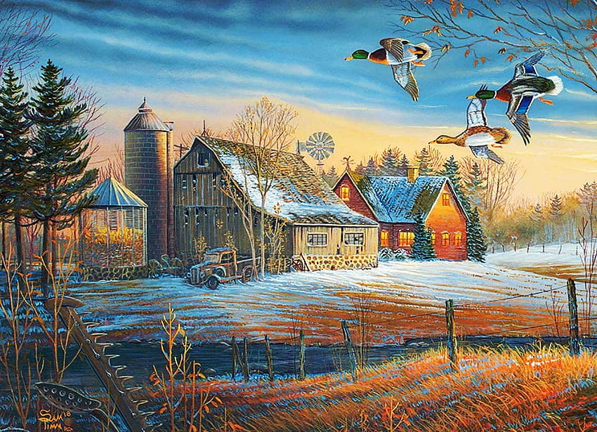 Prima neve nel tardo autunno, fienile, casa, recinto, campo, alberi, paesaggio, cielo, anatre, opera d'arte, pittura Sfondo HD
