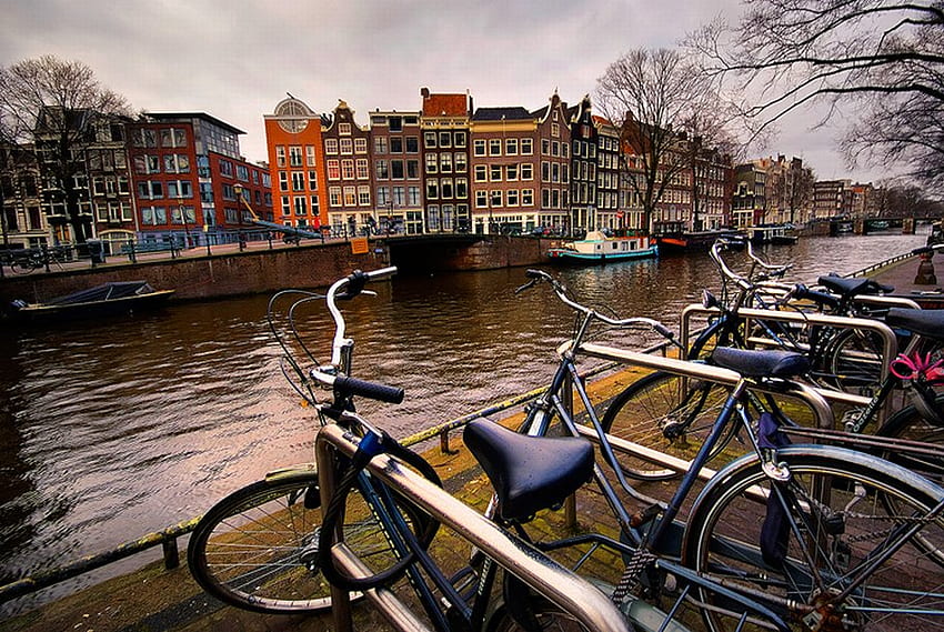 holland , canal, bikes, amsterdam, boats, trees, water HD wallpaper