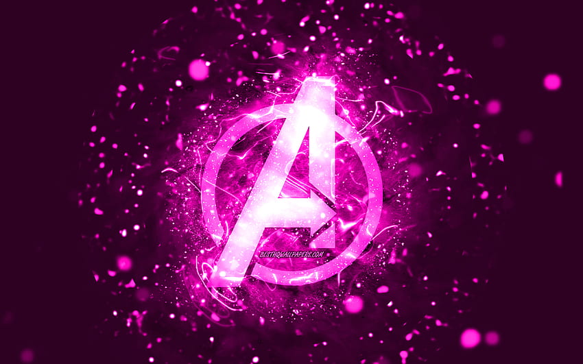 Avengers turqpurple uoise logo, , purple neon lights, creative, purple abstract background, Avengers logo, superheroes, Avengers HD wallpaper