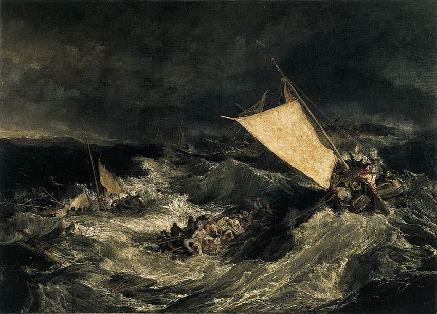 The Storm, giant waves, fear, light yellow sail, black sky, desperate people, ship rudder HD wallpaper