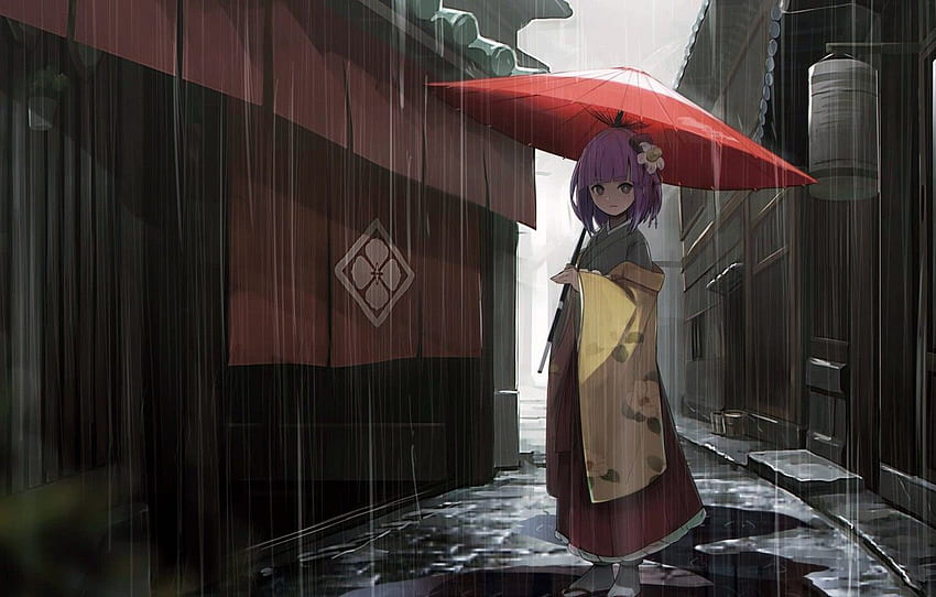 kız, yağmur, elbise, şemsiye, anime, sokak, evler, Touhou, geçit, kimono, mor saç, anime kızı, Hieda no Akyuu for , bölüm прочее HD duvar kağıdı