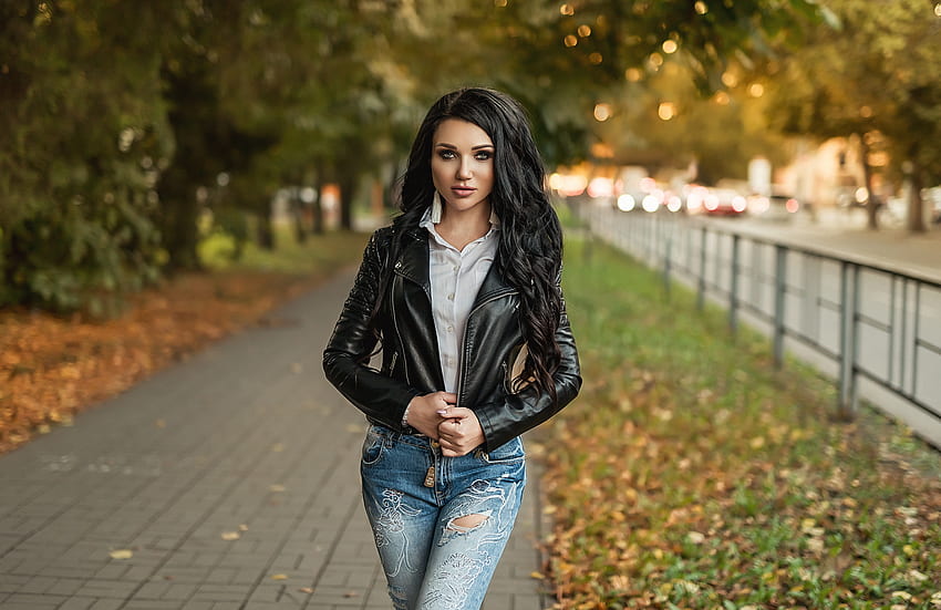 Woman, Leather Jacket, Model, Long Hair, Girl, Depth Of Field, Black Hair HD wallpaper