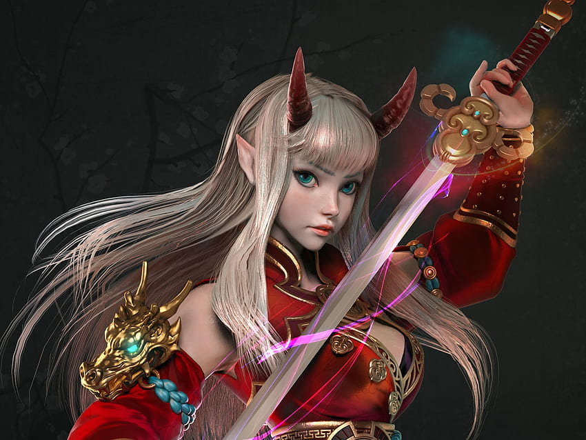 Demoness, black, sword, horns, blonde, girl, fantasy, red, rosa lee, luminos HD wallpaper