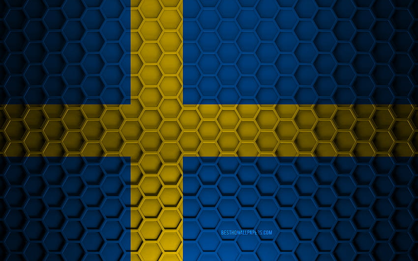 Bendera Swedia, tekstur segi enam 3d, Swedia, tekstur 3d, bendera Swedia 3d, tekstur logam, bendera Swedia Wallpaper HD
