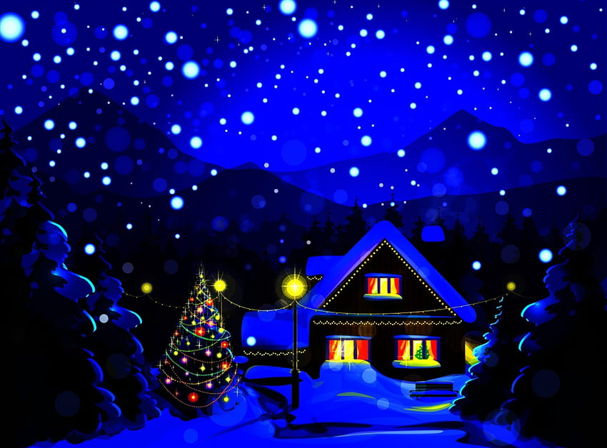 Christmas Lights, winter, artwork, painting, snow, cottage, stars, tree ...