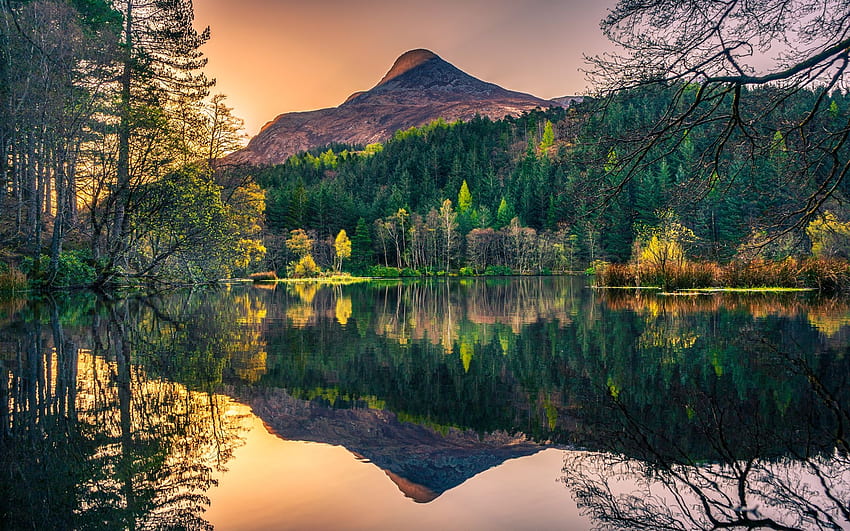 Glencoe Lochan, Scotland, reflection, trees, clouds, sky, water, sunset, mountain, lake HD wallpaper