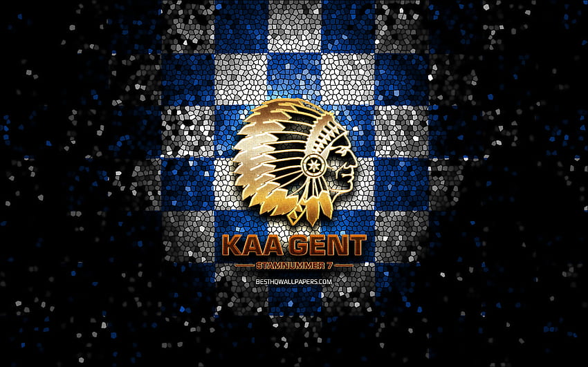 KAA Gent, glitter logo, Jupiler Pro League, blue white checkered background, soccer, belgian football club, Gent logo, mosaic art, football, Gent FC HD wallpaper