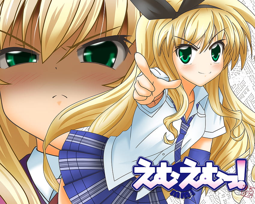 Isurugi Mio, pointing, skirt, emu emu, mm, necktie, angry, blonde hair, blush HD wallpaper