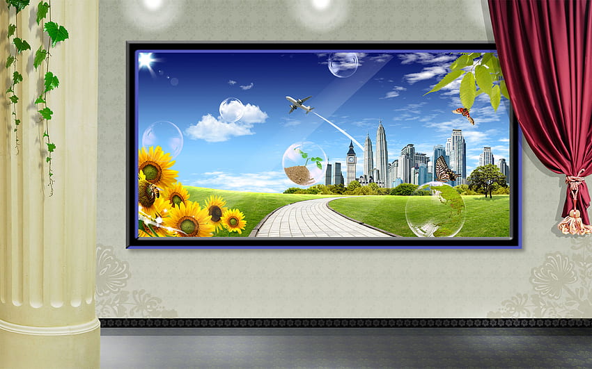 digital spiring, butterfly, city, aircraft, digital art, flowers, bubble, spring HD wallpaper