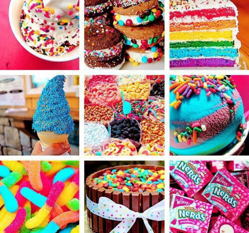 Sweet pop colors, sweet, , , colors, colours, ice cream, cake, candies, collage, pop, pic, jelly, wall HD wallpaper