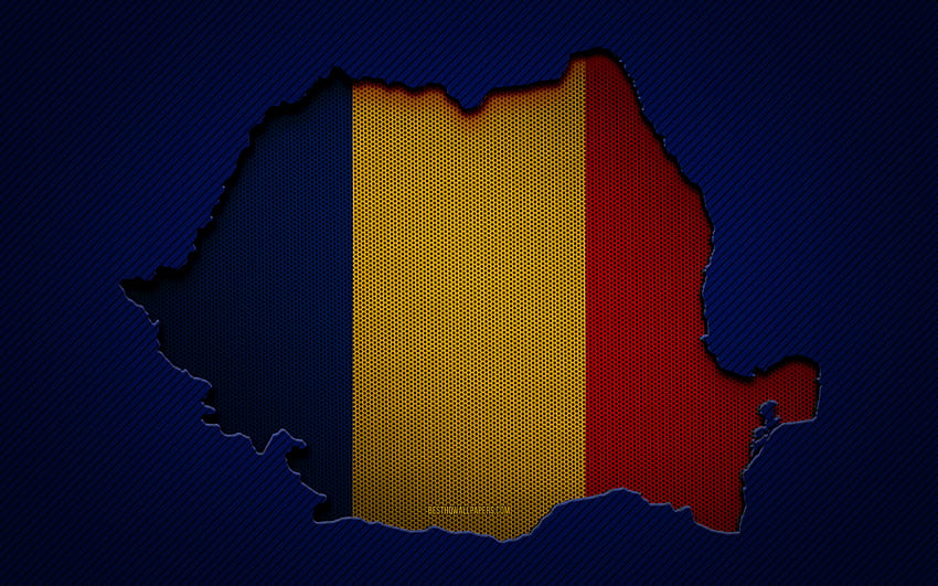 Карта на Румъния, европейски държави, румънско знаме, син въглероден фон, силует на карта на Румъния, флаг на Румъния, Европа, карта на Румъния, Румъния, знаме на Румъния HD тапет