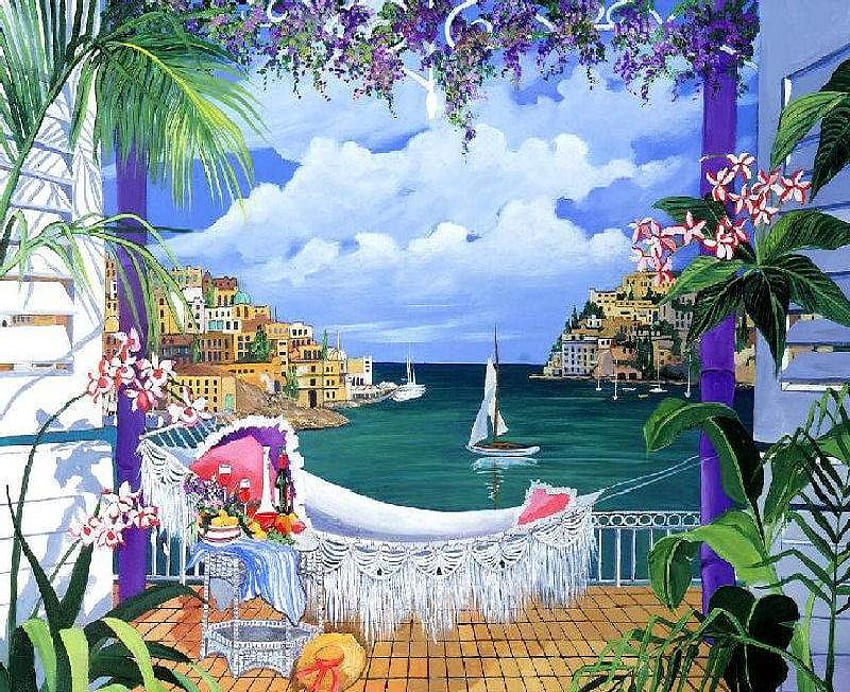 Um lindo dia fora, mesa, plantas, rede, varanda, pintura, barcos, vidro, nuvens, vela, flores, vela, chapéu, palmeiras, vinho papel de parede HD