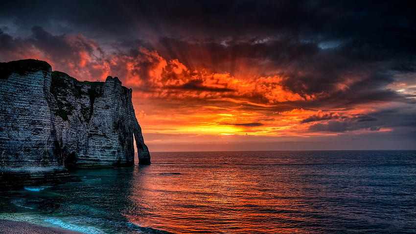 Etretat, Normandie, France, mer, arc, nuages, couleurs, ciel, falaise, coucher de soleil Fond d'écran HD