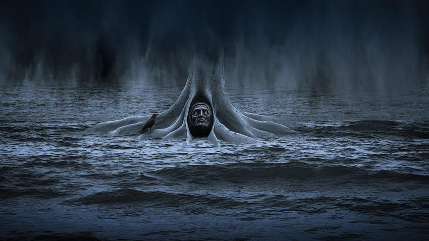 Hani Latif Zaloum, Gesicht, dunkel, digitale Kunst, Bäume, Wasser, gruselig, 500 Pixel / und mobiler Hintergrund, beängstigendes Wasser HD-Hintergrundbild