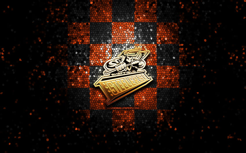 Sheffield Steelers, glitter logo, Elite League, orange black checkered background, hockey, english hockey team, Sheffield Steelers logo, mosaic art HD wallpaper