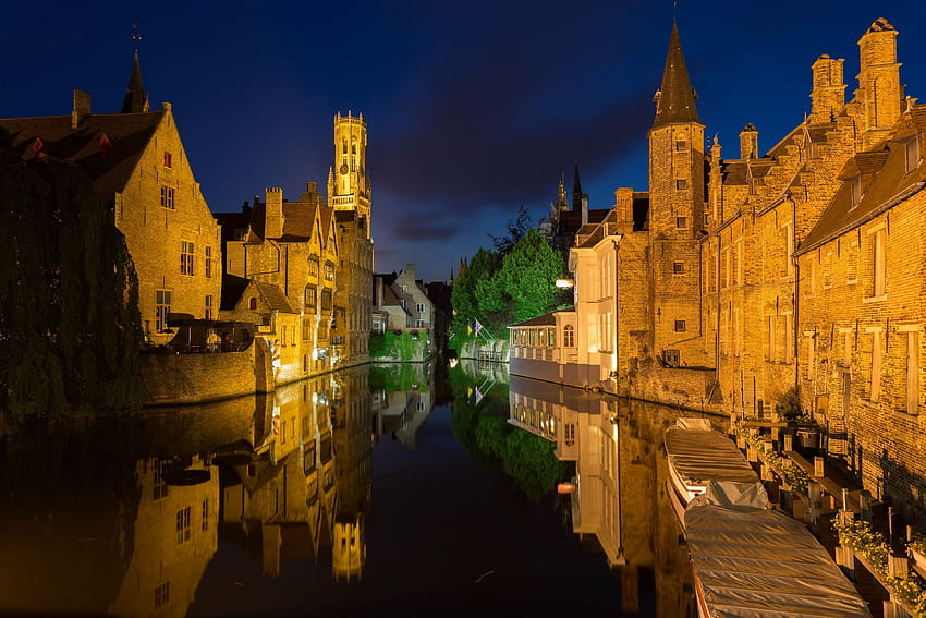 Città Belgio Notte Bruges Canal Sfondo HD