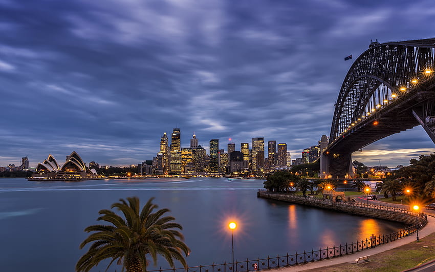 Sidney, gökdelenler, Sidney Opera Binası, Sidney Limanı, Sidney Limanı Köprüsü, akşam, Gün batımı, Sidney silüeti, Sidney şehir manzarası, Avustralya HD duvar kağıdı