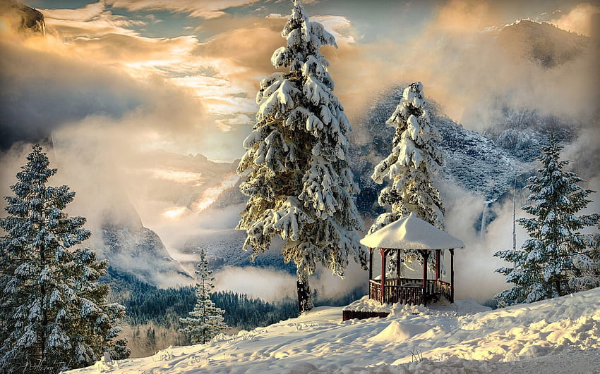 Invierno, Naturaleza, Montañas, Nieve, Niebla, Alcoba, Enramada fondo de pantalla