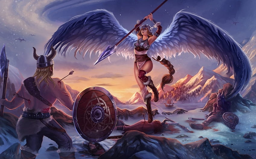 Valquiria, azul, escudo, alas, plumas, arte, hombre, lucha, niña, ángel, mujer, vikingo, fantasía, casco, juego, guerrero fondo de pantalla