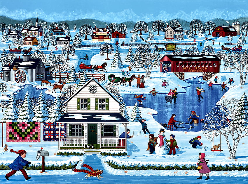 Winter Sampler F1C, musim dingin, arsitektur, seni, lanskap, cantik, empat musim, ilustrasi, rumah, karya seni, pemandangan, layar lebar, lukisan, salju Wallpaper HD