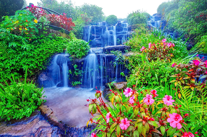 Водни каскади, градина, водопад, цветя, waterf, пролет, парк, цветни, камъни, диви цветя, каскади HD тапет