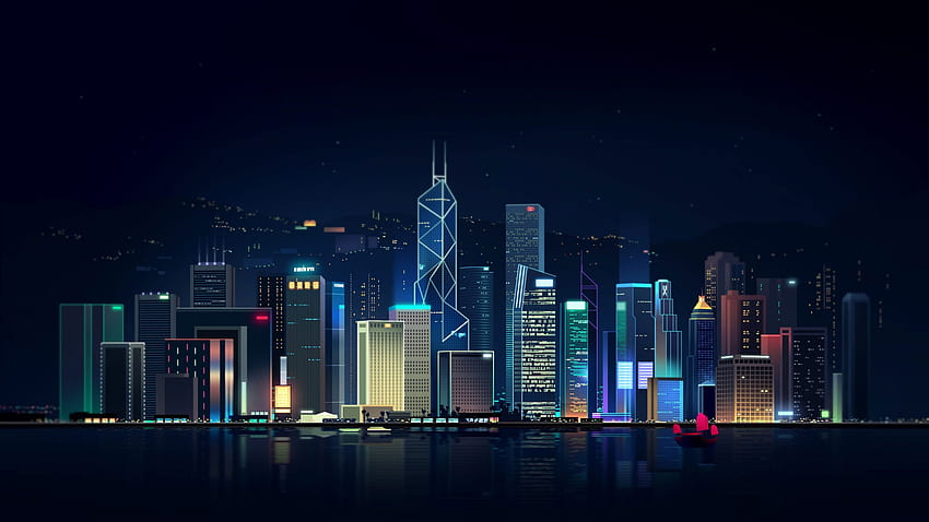 Reflection , Sea, Hong Kong, Night, Vector, The city, Neon, Ship • For You For & Mobile HD wallpaper