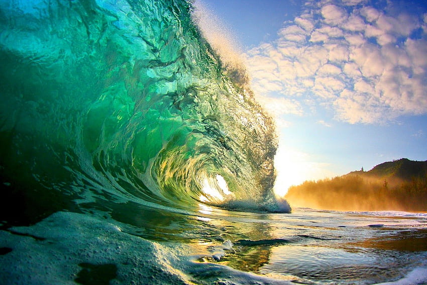 ชายหาด สีเขียวใส หาดคริสตัลฮิลส์ ฮาวาย พระอาทิตย์ตกที่สวยงาม คลื่นทะเล โต้คลื่น รางวัล Treasure Earth, Hawaii Waves วอลล์เปเปอร์ HD