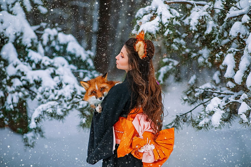 :), model, kimono, vulpe, girl, fox, woman, winter, aleksandra savenkova, animal, iarna HD wallpaper